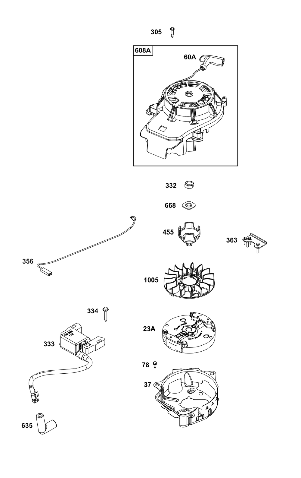Flywheel, Ignition, And Starter Group Diagram and Parts List for 104M02-0085-H5 100000 - 19Z999 Briggs and Stratton Engine
